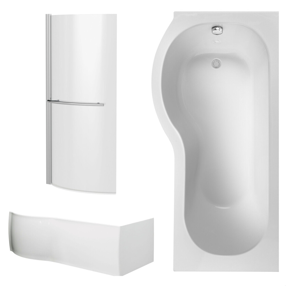 Balterley P Shape 1700X850 Left Hand Shower Bath Set - Front Panel, Chrome Curved P Bath Screen With Towel Rail & Leg Set
