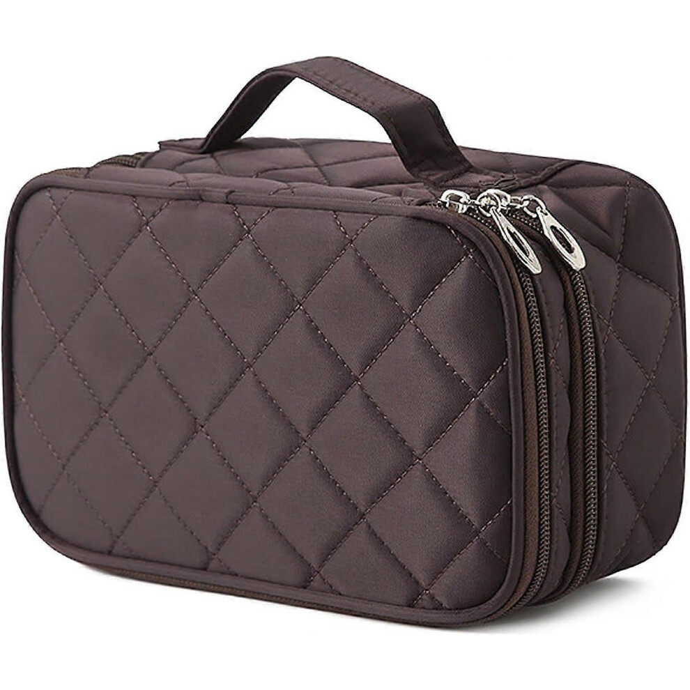 Women's Brown Double-Layer Travel Makeup Bag with Mirror, Cosmetic Organizer