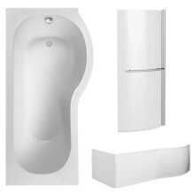 P Shape 1700x850 Right Hand Shower Bath Set - Squared Front Panel, Curved P Bath Screen with Towel Rail & Leg Set