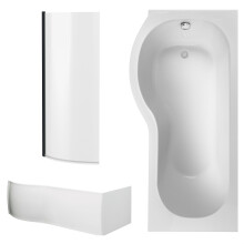 P Shape 1700x850 Left Hand Shower Bath Set - Front Panel, Matt Black Curved P Bath Screen & Leg Set
