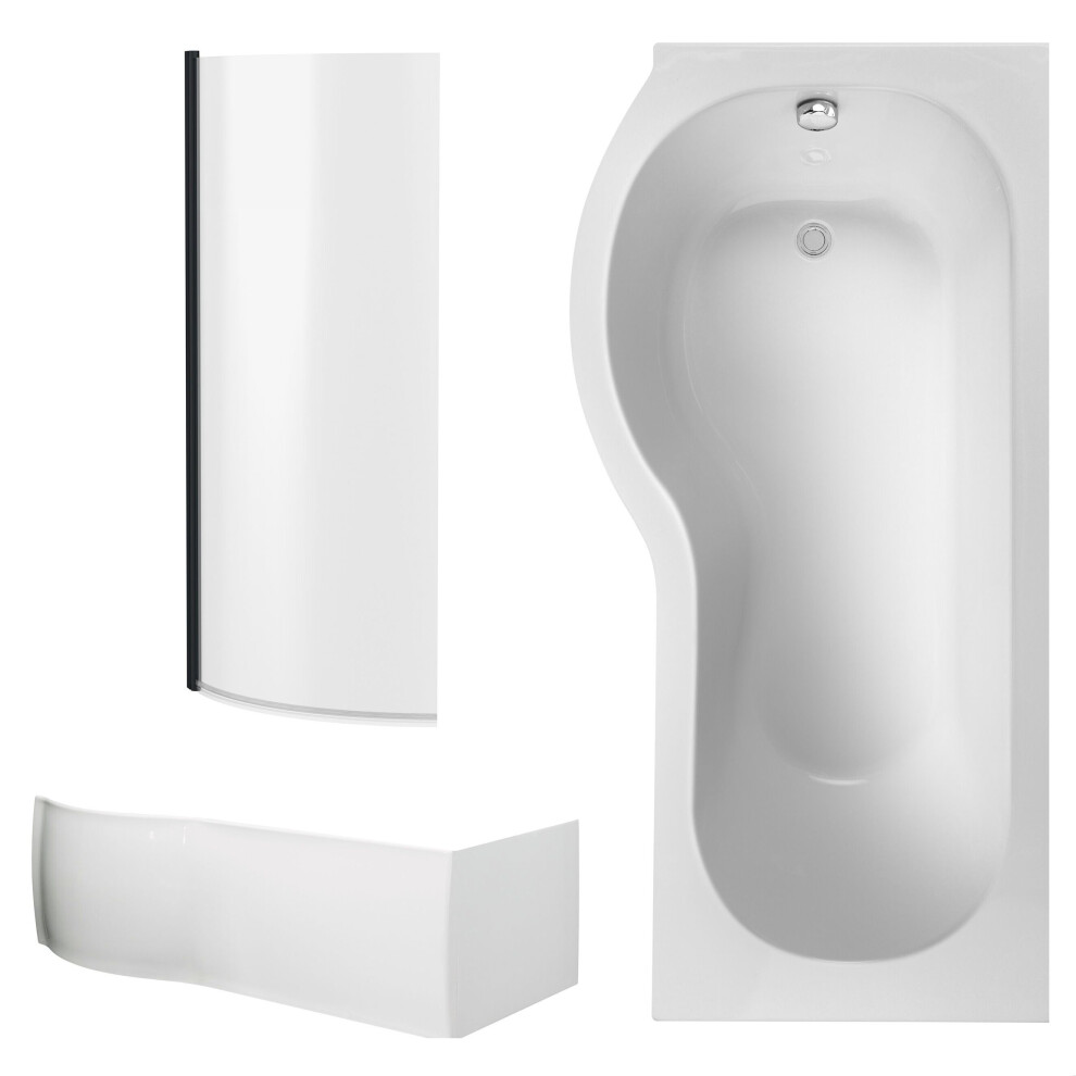 Balterley P Shape 1700X850 Left Hand Shower Bath Set - Front Panel, Matt Black Curved P Bath Screen & Leg Set