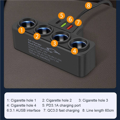 2X 4-Socket Car Cigarette Lighter Splitter 12V-24V Phone Power Adapter 120W QC3.0+PD3.1A Cigarette Lighter Socket Plug 2