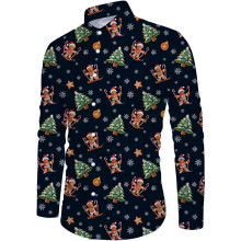 Herrenhemd zu Weihnachten, Zimt-Muster, Knöpfe, bequemes dunkelblaues L — weihnachtshemd herren, pfefferkuchen muster, navalblaues hemd