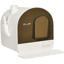 Witte kattenbak met kap en mat, geschikt voor katten tot 5 kg.