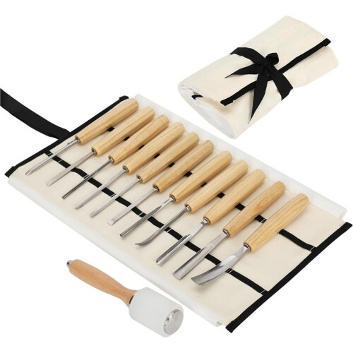 Wood Carving Kit,12 PCS Wood Carving and Mallet with Canvas Case Gouges, CR-V 60 Blade,Wood Carving Tools Set