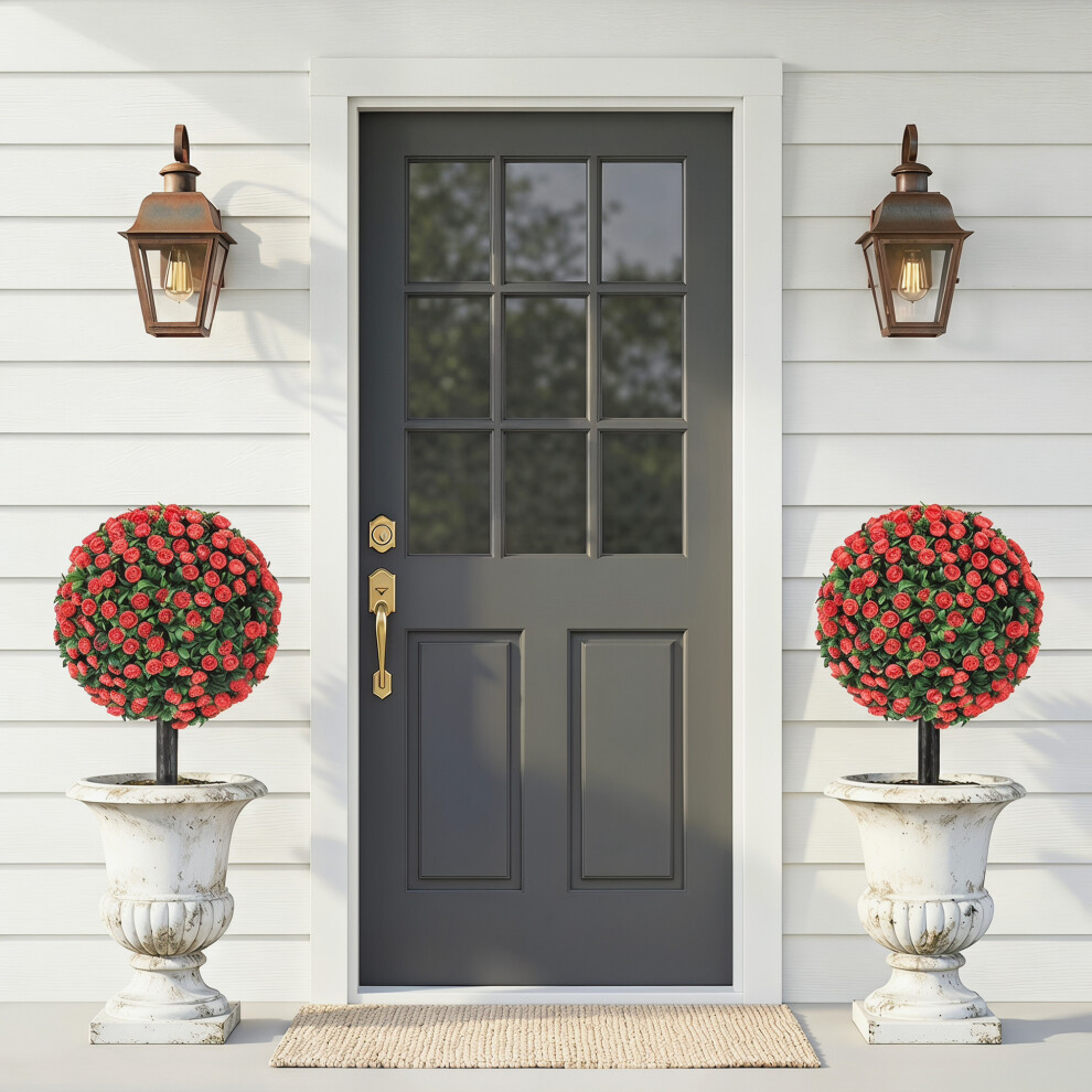 Homcom (Red) Artificial Rose Topiary, Uv Resistant, 2-Pack, 55 Cm