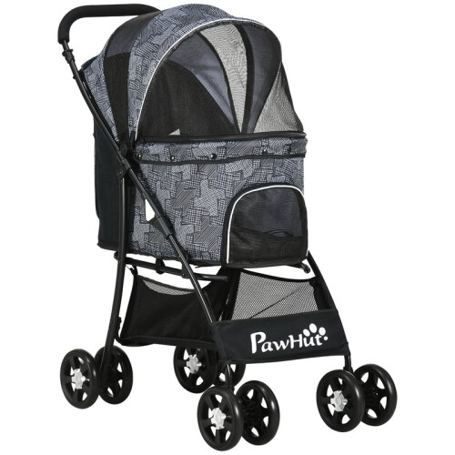 Passeggino pieghevole per cani, grigio e nero, con cuscino.