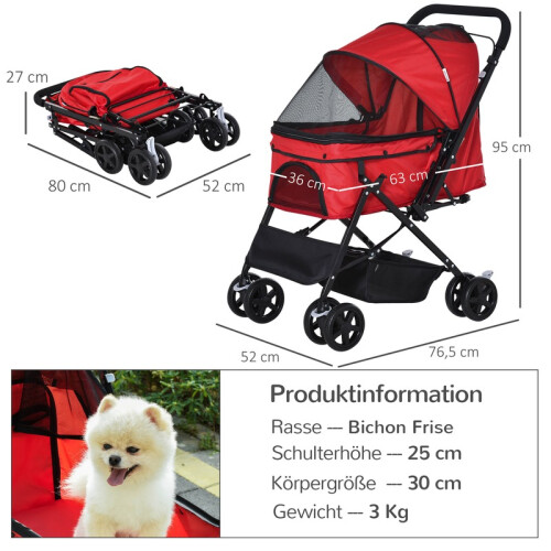 Poussette pliable Oxford rouge pour petits chiens et chats 2