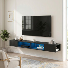 (Black) HOMCOM TV Stand with RGB LED Lights for 75-Inch TV