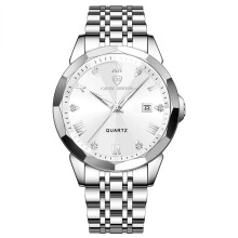 (Silver shell and white surface (men's style)) New Diamond Couple Quartz Watches, Stainless Steel Waterproof Calendar Luxury Wristwatches