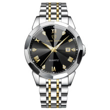 (Gold and black surface (men's style)) New Diamond Couple Quartz Watches, Stainless Steel Waterproof Calendar Luxury Wristwatches