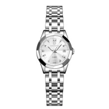 (Silver shell white surface (women's model)) New Diamond Couple Quartz Watches, Stainless Steel Waterproof Calendar Luxury Wristwatches