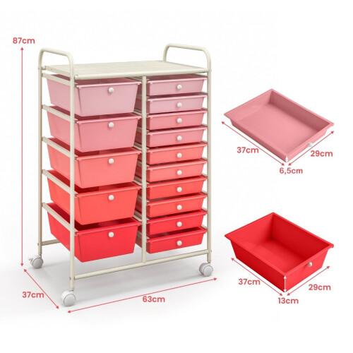 Rollwagen mit 15 Schubladen, Pink, 63x37x87 cm