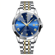 (Golden blue face (men's style)) New Diamond Couple Quartz Watches, Stainless Steel Waterproof Calendar Luxury Wristwatches