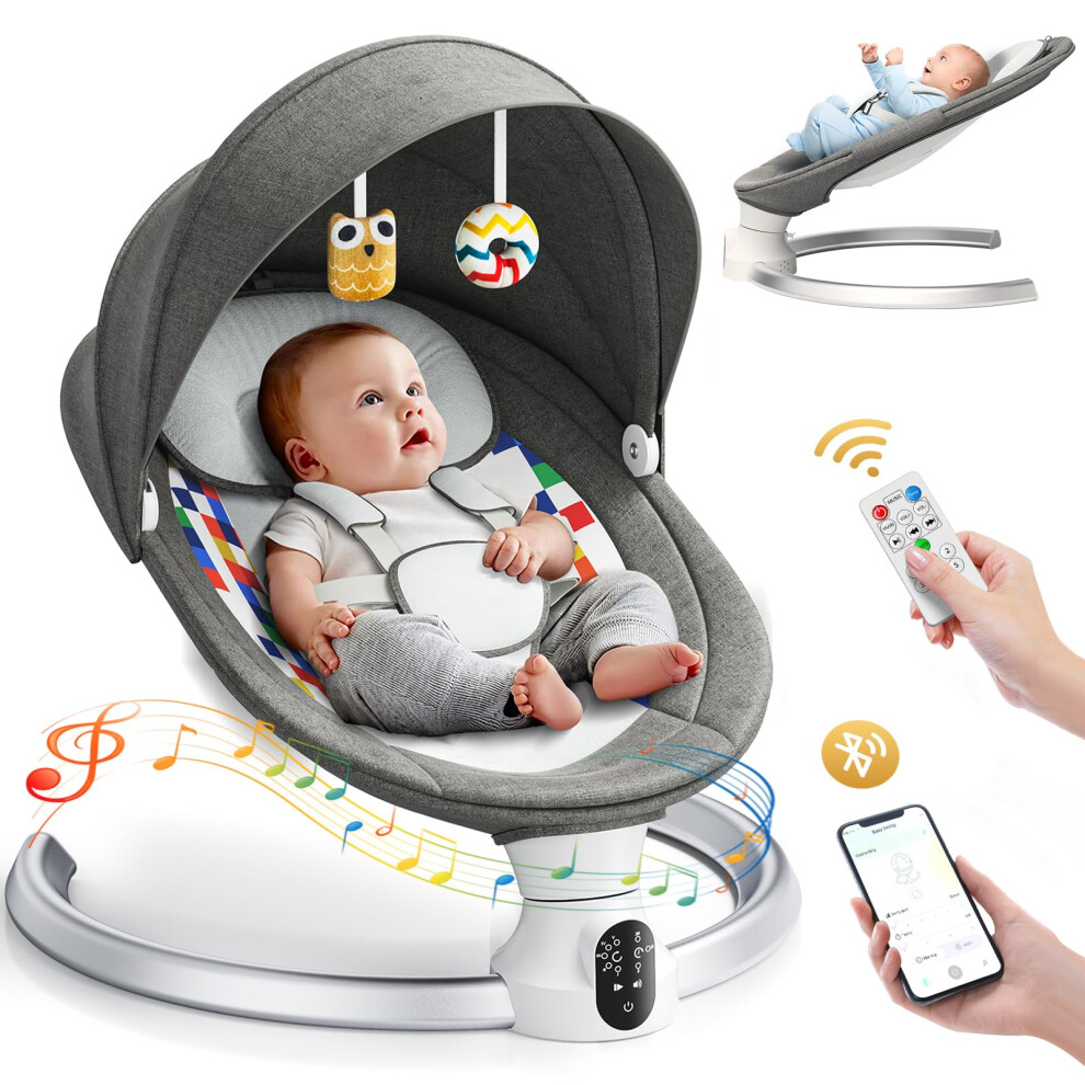 Misvayli Electric Baby Swing Chair For 0-6 Months (Up To 20Lb), Smart Baby Bouncer With App & Remote Control, 5-Point Safety Harness For Indoor Use-Grey