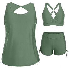 Women's Tankini Swimsuit Built-in Bra Soft Cup Drawstring Loose Fit 3 Piece Set Casual Beach Swimwear