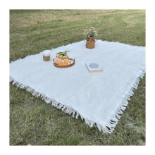 Beige Tassel Area Rug 90x90cm Soft Polyester Outdoor Picnic Blanket for Camping and Beach