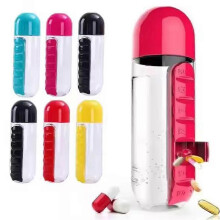 (Rose Red) Water Bottle Medicine Box 2 in 1 7 Compartment Outdoor Travel Storage