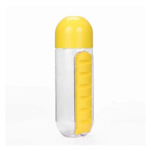 (Yellow) Water Bottle Medicine Box 2 in 1 7 Compartment Outdoor Travel Storage