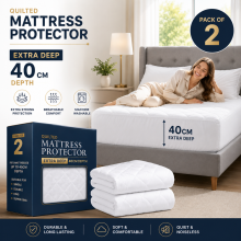 (2X Single) 40cm Deep Quilted Mattress Protector Extra Deep Fitted Skirt Soft Breathable White Bed Cover - Pack of 2