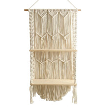 Boho Macrame Wall Shelf with Wood Floating Shelves - Handwoven Cotton Rope DIY Hanging Plant Rack