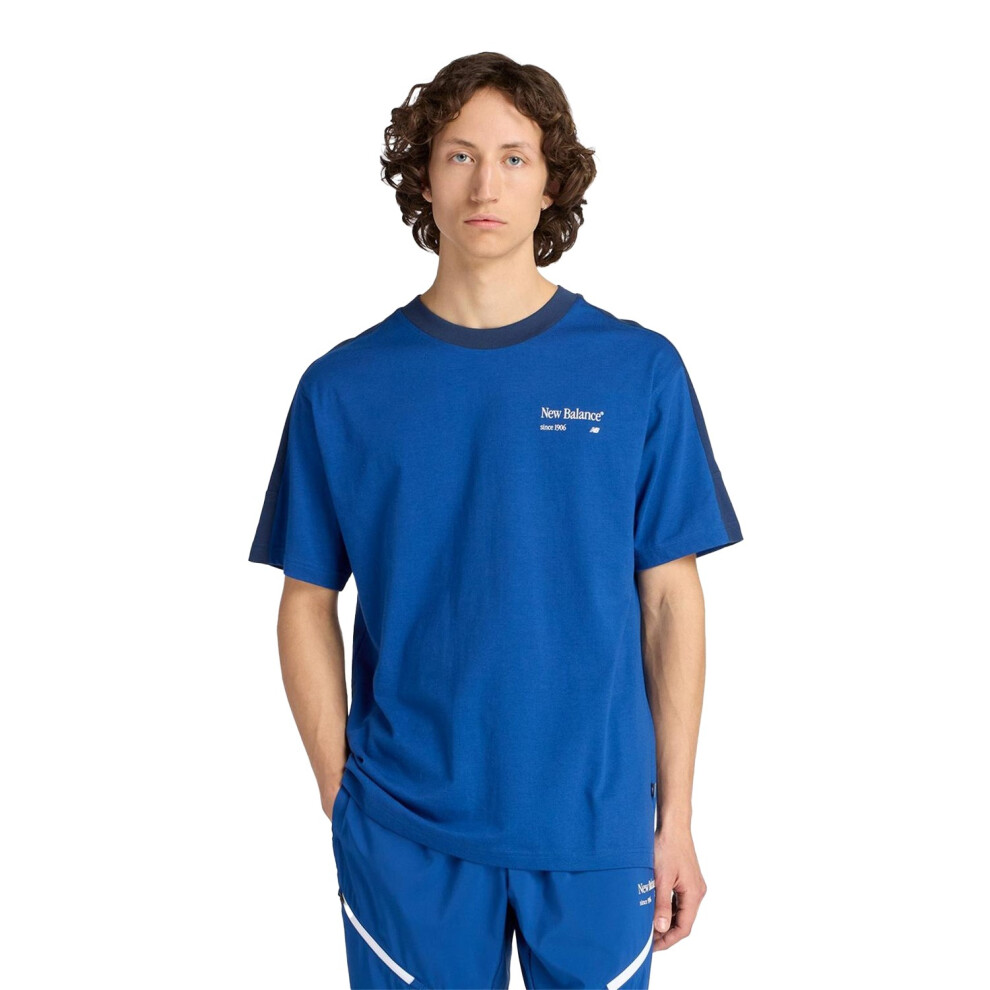 New Balance (L, Galaxy Blue) Mens Reimagined Lettering Crew Neck T-Shirt