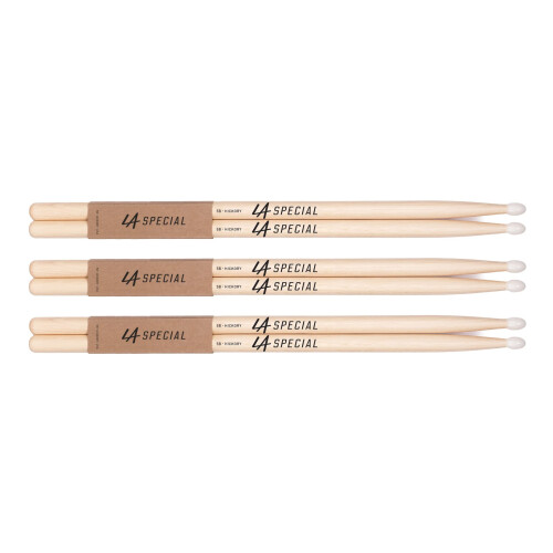 LA Specials Hickory 5B Drum Sticks, Nylon Tip, 3-Pair Pack