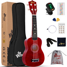 Winzz Kids Ukulele 21inch, Beginner Soprano Ukulele for Adults, Childs Red Starter Set with Fingerboard Stickers, Chords Card, Tuner, Strap, Extra St