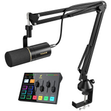 TONOR Podcast Equipment Bundle, Audio Interface and Dynamic Mic Set with Boom Arm, USB Audio Mixer with RGB, XLR Microphone, Studio Sound Quality, Co