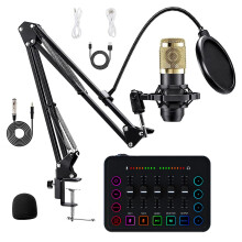 Docooler Podcast Equipment Bundle, Streaming Audio Interface Kit with Condenser Microphone, Noise Reduction, Live Sound Card Audio Mixer for Live Str