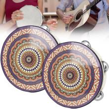8 inch Tambourine 2Pcs, Hand Held Wooden Drum Bells for Adults, National Style Pattern Handbell Tambourine Drums for Church Party, Single Row Jingles