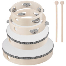 UNGFEI Wooden Hand Drum and Tambourine Set of 4 (6/7/8/10 inch), 20 cm & 25 cm Drums with Sticks, 15 cm & 17 cm Tambourines with Metal Jingles