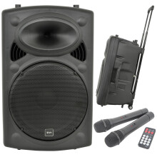 QTX | QR15PA Portable PA Speaker System with Bluetooth, TWS Stereo, Dual UHF Wireless Microphones, USB/SD/FM Media Player, Rechargeable Battery, Trol