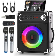 Karaoke Machine with 2 Wireless Microphones, Portable Bluetooth Speaker for Adults & Kids, PA System with LED Lights, TWS, Supports TF Card/USB, AUX