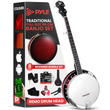 Pyle 5 String Banjo Remo Head, Banjos Beginner Kit, 39" Full Size, Open or Closed Back Instrument w/ 24 Brackets, Starter accessories, Geared 5th Tun