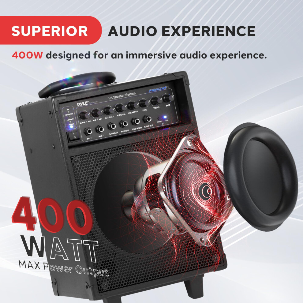 Pyle Portable Pa System Speaker With Microphone 400W 8 Inch Â Karaoke Bluetooth Party Speaker With Wireless Mic, Rechargeable Battery For Even Black 5000622789005