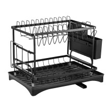 2-Tier Dish Drying Rack for Kitchen Countertop Carton Steel Dish Drainer with Drip Tray, Draining Board & Utensil Holder & cup holder for Small Spaces