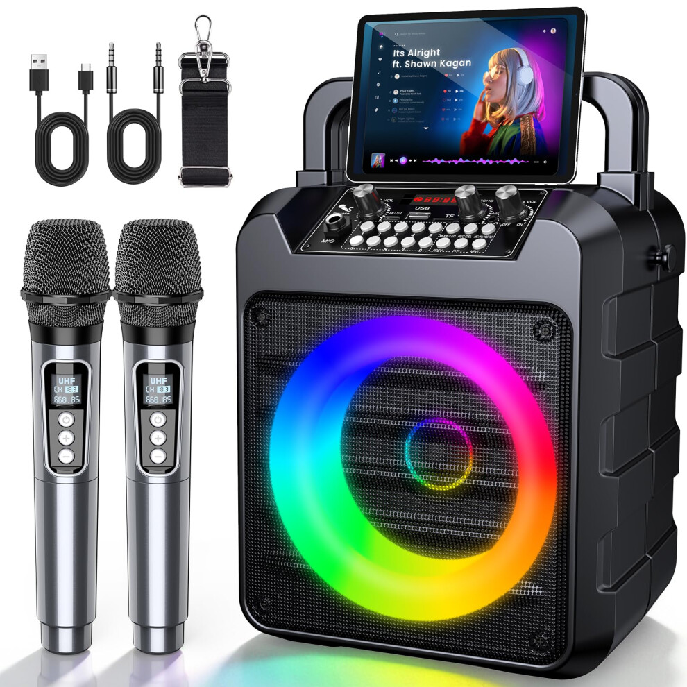 Dislocati Karaoke Machine with 2 Wireless Microphones: Portable Bluetooth Speaker for Adults & Kids - PA System with Lights Supports TWS/TF Card/USB/-image-OPC-PVV6FWT-NEW
