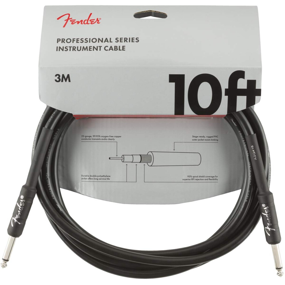 Fender Professional Series Instrument Guitar Cable, 10Ft / 3M, Straight, Black