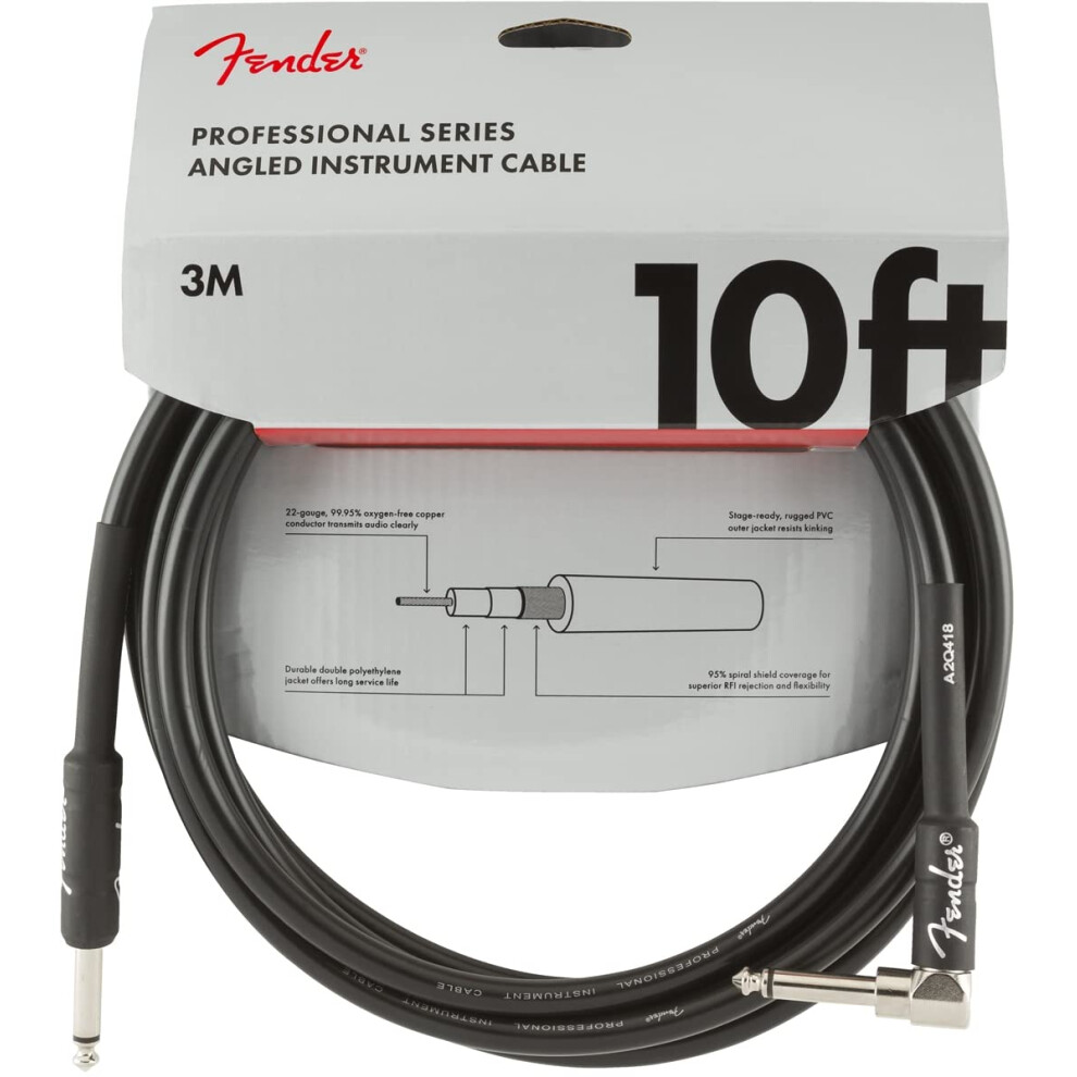 Fender Professional Series Instrument Cable - 10 Ft - Str/Ang - Black, 3 Metre