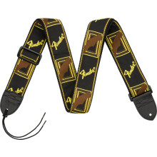 Fender Monogrammed Guitar Strap, 2" wide, Woven Logo, Polyester Backing and Leather Ends, Black/Yellow/Brown