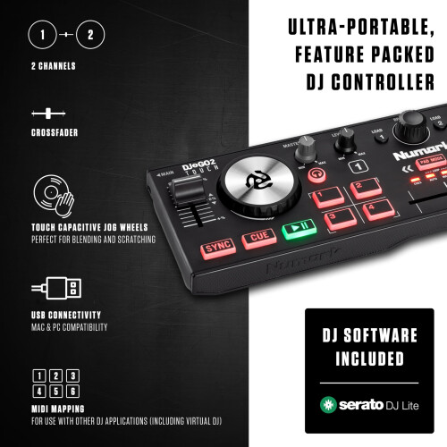 Numark Numark DJ2GO2 Touch Compact DJ Controller with 2 Decks, Mixer, Audio Interface and Serato Lite 1