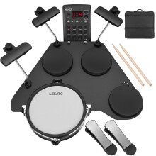 LEKATO Electronic Drum Set with Quiet Mesh Pads, Portable Electric Drum Kit, 220+ Sounds, USB MIDI, 2 Upgraded Big Pedals, Sticks, Travel Bag (Black-