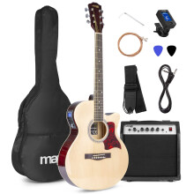 Max SHOWKIT Beginner Electric Acoustic Guitar Starter Kit with 40W Amplifier, Built-in Tuner, EQ, Digital Tuner, Accessories & Gig Bag - Natural Fini