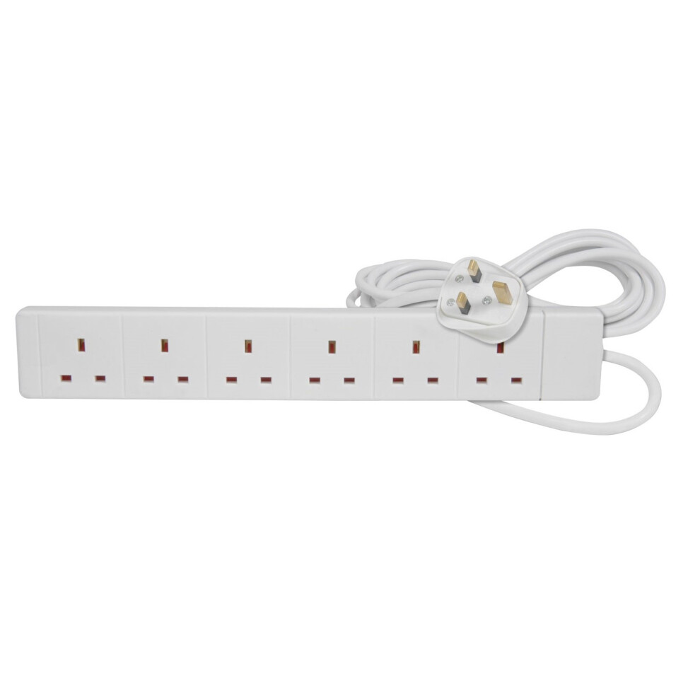 6 Way Gang Power Mains Extension Lead 5M Metre Cable British Approved 13A Amps - White 5006400715679
