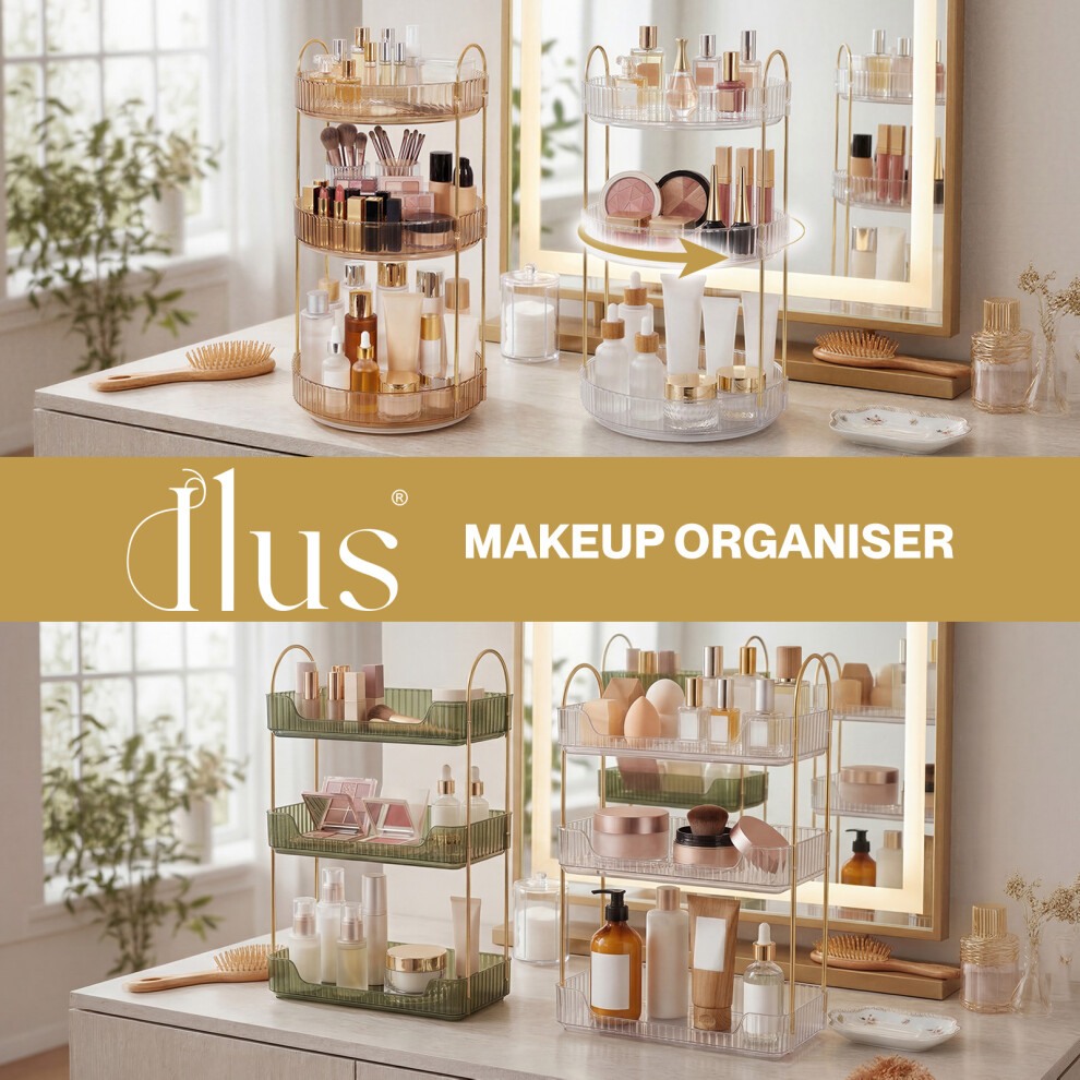 Ilus (Round Gold) Makeup Organiser 3-Tier Cosmetic Storage Modern Beauty Box Space Saving