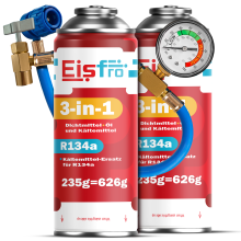 Eisfro 3en1 Sustituto Gas Refrigerante R134a – 2x 235g para Aire con Manguera, Manómetro y Adaptador HP/LP, ECO