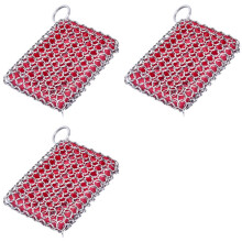 3X Nettoyant pour Poêle en Fonte, Épurateur de Nettoyage en Cotte de Mailles en Acier Inoxydable 316, pour Ustensiles de Cuisine (Rouge)