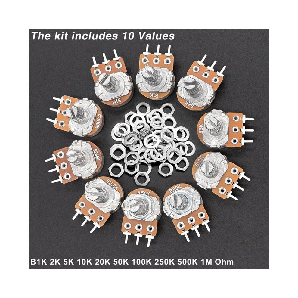 200Pcs Potentiometer Kit With Rotary Knobs,Wh148 B1k 5K 10K 20K 50K 100K 250K 500K 1M Ohm Potentiometers Single Linear 6032442291009