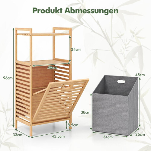 Bamboo Bathroom Shelf with Foldable Laundry Basket, 2 Shelves 1